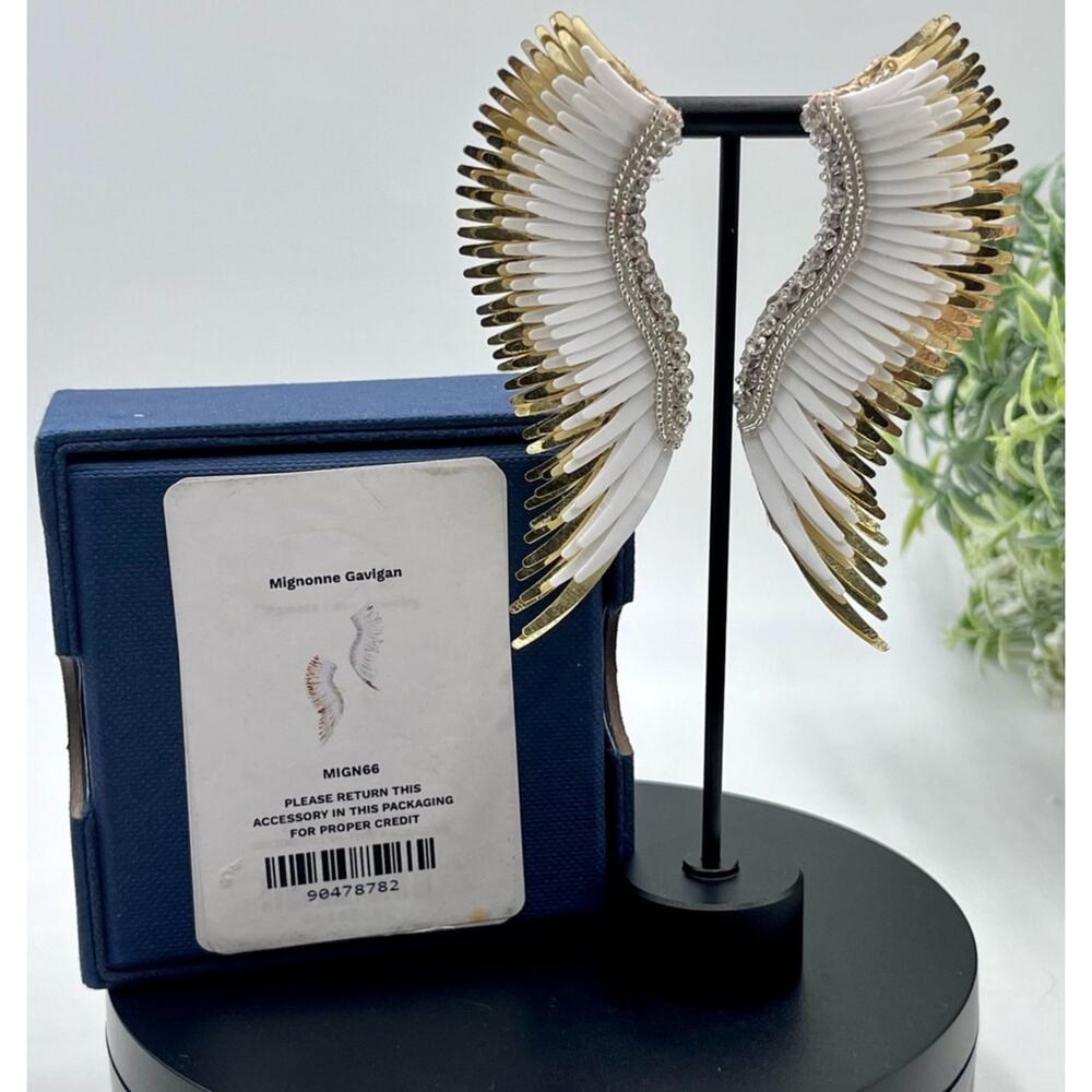 Mignonne Gavigan Gold White Metallic Madeline Large Leather Sequins Wing Earring - Picture 1 of 15